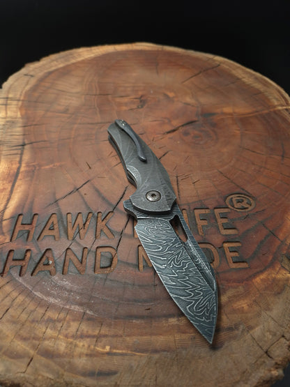 HAWK-9 PLUS(+) FULL CARBON DAMASCUS LINERLOCK FOLDING KNIFE