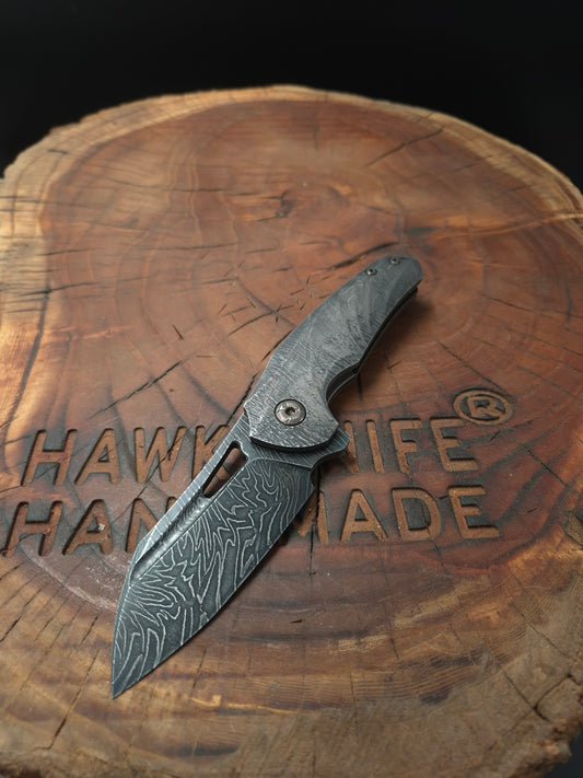 HAWK-9 PLUS(+) FULL CARBON DAMASCUS LINERLOCK FOLDING KNIFE